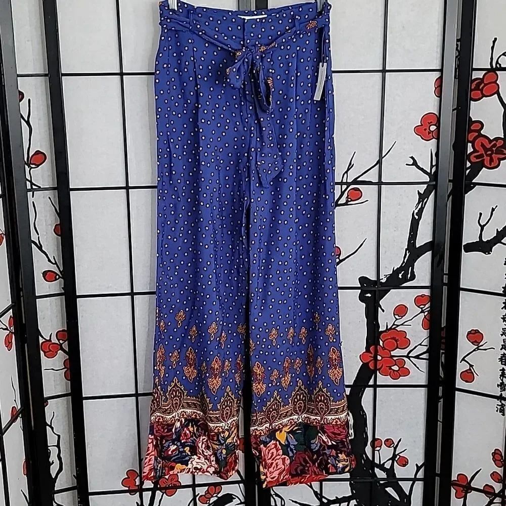 Anthropologie Wide Leg Palazzo Pants Size 6 Blue Print Resort Vaca - Picture 2 of 8